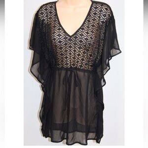 🏝️Cover Up Miken Black Caviar Fluttered Crochet-Front Chiffon Swim